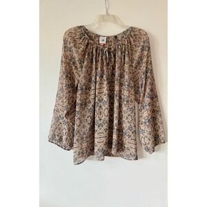 Cabi Women's S Sheer Floral Blouse Tie Neck Cottage Core Peasant Romantic Boho